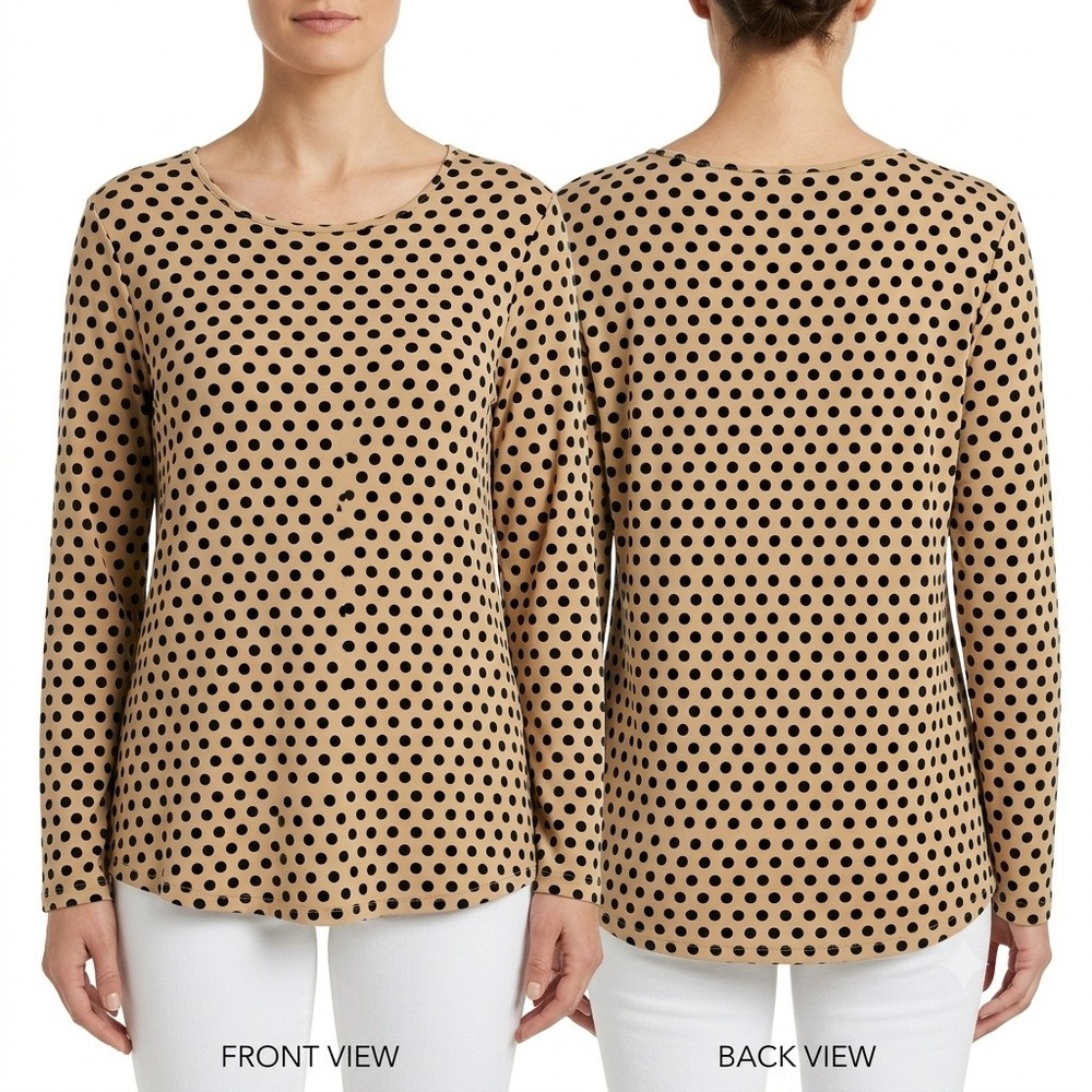 Chico's Short Womens 3 XL Polka Dot Long Sleeve Top Tan‎ Black Rayon Spandex